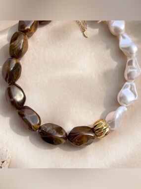 Brown and White Bead Statement Necklace - Gold Accent